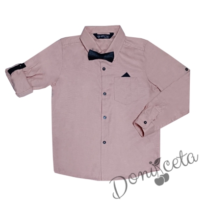 Детска риза за момче с къс/дълъг ръкав в пепел от рози с имитация на джобче, кърпичка и папийонка 1