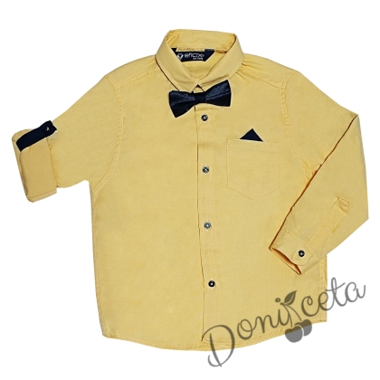 Детска риза за момче с къс/дълъг ръкав в жълто с имитация на джобче, кърпичка и папийонка 1