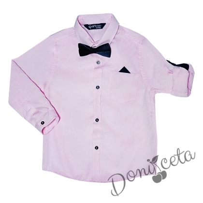 Детска риза за момче с къс/дълъг ръкав в розово с имитация на джобче, кърпичка и папийонка 1