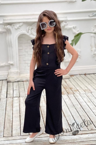 Summer children's long overalls for girl in black with ruffles
