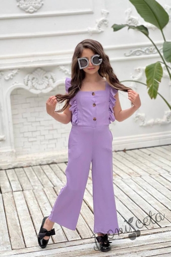 Летен детски дълъг гащеризон за момиче в лилаво с къдрички  1