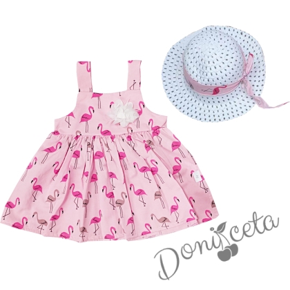 Ежедневна детска рокля с фламинго в розово с капела 1