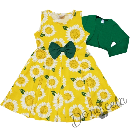 Комплект от ежедневна/официална детска рокля със слънчогледи в жълто и панделка в зелено и болеро в зелено 1
