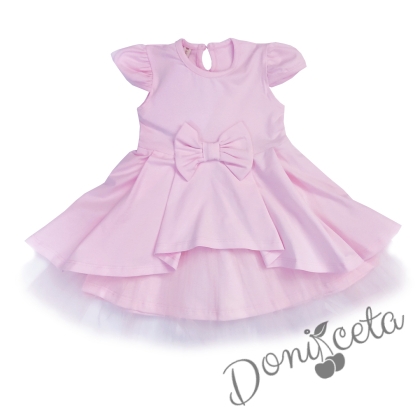 Официална или ежедневна детска рокля Надежда в розово с къс ръкав панделка и тюл 435467 1