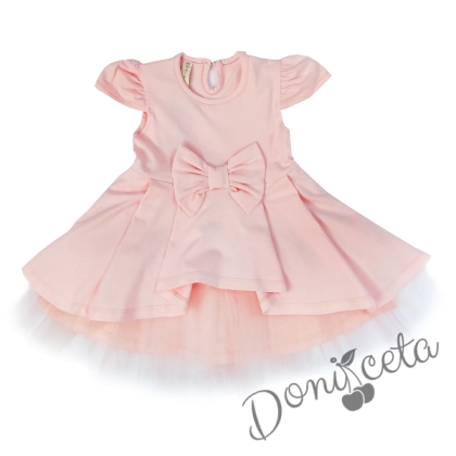 Официална или ежедневна детска рокля Надежда в прасковено с къс ръкав панделка и тюл 435578 1