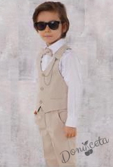 Официален комплект за момче от 4 части елек , риза в бяло, панталон и папийонка в светлобежово и брожка-верижка 33133456  1