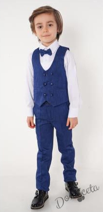Официален комплект за момче от 4 части елек , риза в бяло, панталон и папийонка в синьо 1