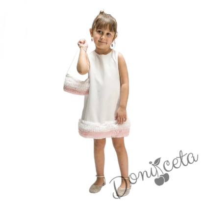 Официална детска рокля без ръкав с къдрички и чанта с къдрички в бяло и розово 1