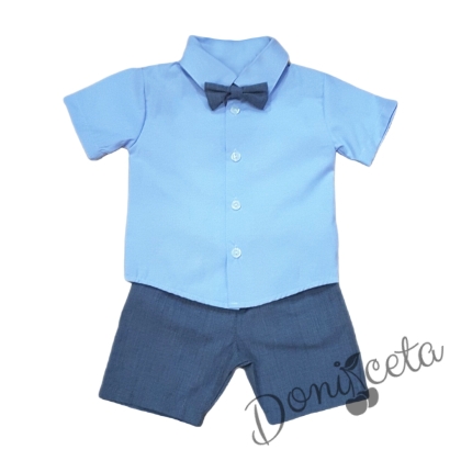 Бебешки комплект от риза в светлосиньо, къси панталонки и папийонка в тъмносиньо 1