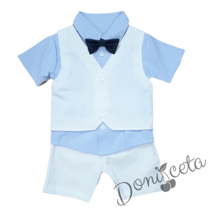 Бебешки комплект от риза в светлосиньо, папийонка в тъмносиньо, елек и къси панталони в бяло 1