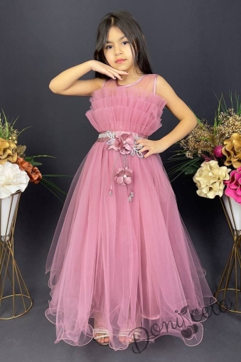 Официална детска дълга рокля Анджелина в розово с тюл без ръкав  1