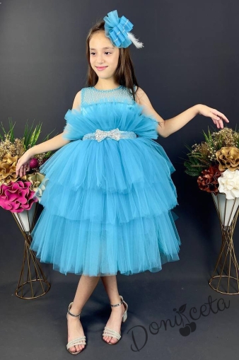 Официална детска рокля Фрея - без ръкав с богат тюл в синьо и панделка за коса 3