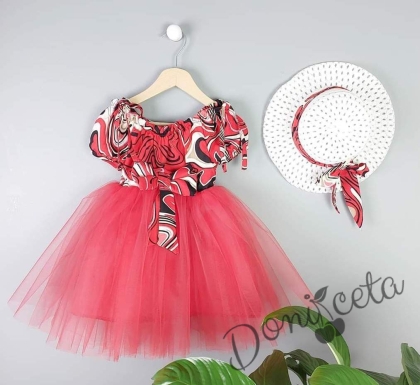 Детска рокля с къс ръкав многоцветна с панделка и обемна тюл пола в червено с капела Ксения