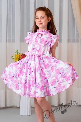 Официална/ежедневна детска рокля с къс къдрав ръкав в бяло на розови цветя Contrast 1