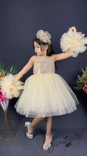 Официална детска рокля Хелия с богат тюл в златисто с помпони и панделка за коса 1
