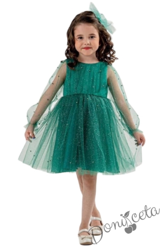 Официална детска рокля от тюл с дълъг ръкав, перли и блясък Митра в зелено 1
