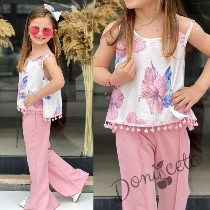 Детски комплект за момиче с дълъг панталон тип чарлстон в пудра и блуза без ръкав в бяло с ресни и цветя в пудра 1