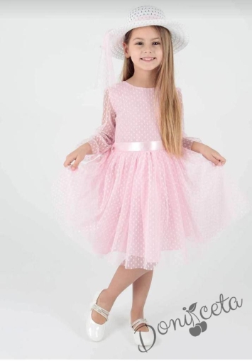 Официална детска рокля на точки в розово от тюл, дълъг ръкав, коланче и капела Хейли 1