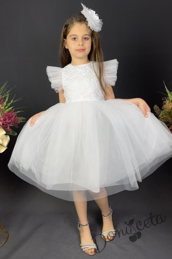 Детска официална рокля  в бяло с деликатен тюл, дантела и панделка за коса Хана 1
