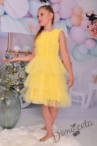 Официална детска рокля без ръкав с тюл на пластове и къдрици в горната част Земфира в жълто 1