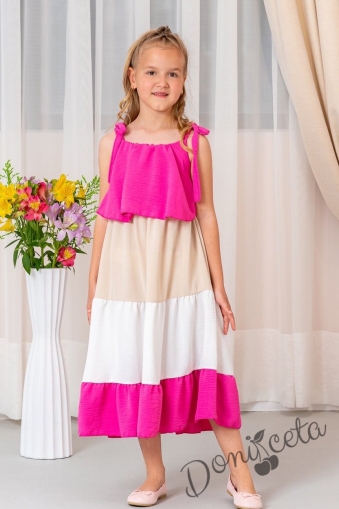 Официална/ежедневна дълга детска рокля без ръкав на пластове в циклама,бежово и бяло 1