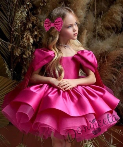 Официална детска рокля от богат тюл и сатен с къс ръкав панделка в циклама с фиба за коса панделка Анастасия 1