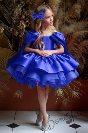Официална детска рокля от богат тюл и сатен с къс ръкав панделка в синьо с фиба за коса панделка Анастасия 1