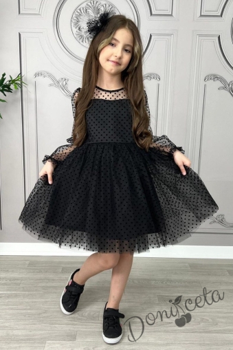 Официална детска рокля с дълъг ръкав от тюл на ситни точки с панделка и фиба за коса в черно Хейди 1