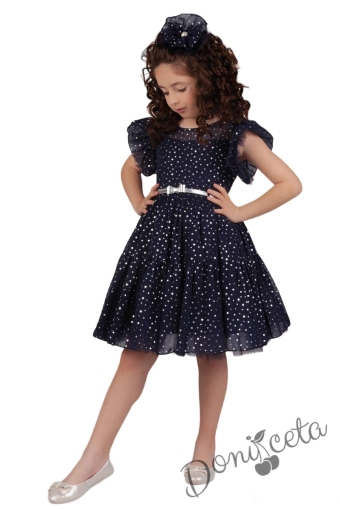Официална детска рокля от тюл с къс ръкав буфан на бляскави точки в тъмносиньо със сребристо коланче Ирина 1