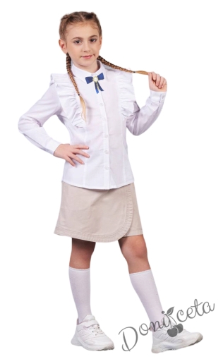 Детска риза за момиче с дълъг ръкав в бяло с къдрици и брошка с панделка в тъмносиньо 1