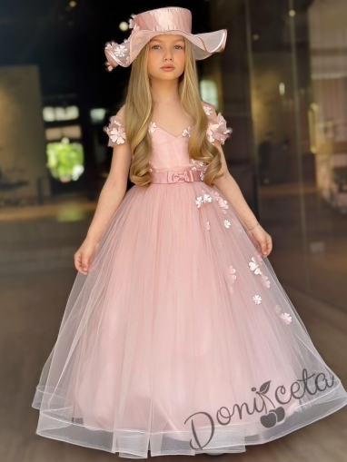 Официална детска дълга рокля в пепел от рози без ръкав с тюл, обръч и 3D цветя с капела Беладона 1