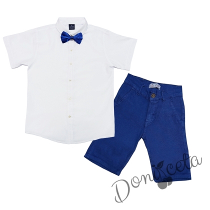 Комплект от изчистена риза в бяло, папийонка в синьо и къси дънки в синьо 1