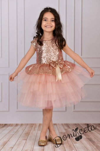 Детска официална рокля в прасковено от пайети и тюл на пластове Валериа 1