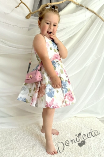 Официална или ежедневна детска рокля в бяло с цветя в пастелни цветове и богат тюл 1