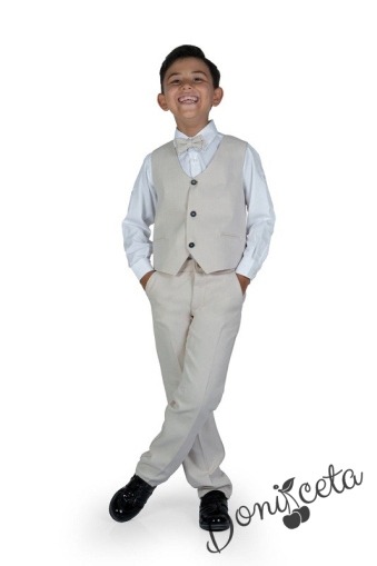 Официален костюм за момче от 4 части елек , риза в бяло, панталон и папийонка в светло бежово
