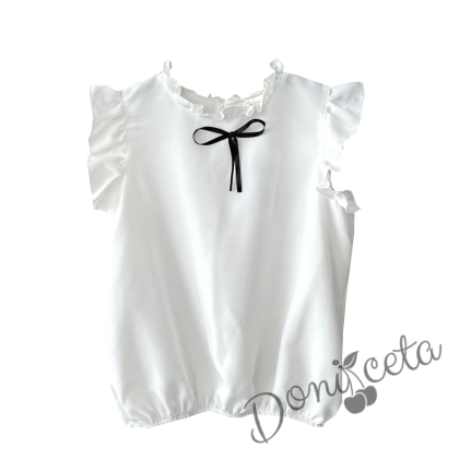 Детска риза за момиче в бяло с къс ръкав Contrast с тъмносиня панделка 1