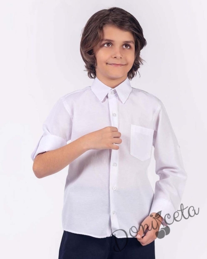 Детска риза в бяло с дълъг ръкав за момче с джоб 1