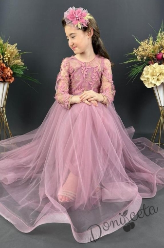 Официална дълга детска рокля в пепел от рози с дълъг ръкав от тюл и 3D листа Шарлот 2