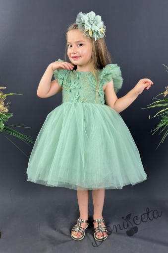 Официална детска рокля Шарлот в светлозелено с къс ръкав с тюл, 3D листа и панделка за коса 1