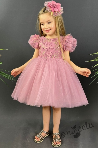 Официална детска рокля Шарлот в пепел от рози с къс ръкав с тюл, 3D листа и панделка за коса 1