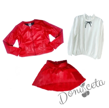 Комплект от 3 части риза в бяло на Contrast,  изрязана кожена пола в червено и яке 1
