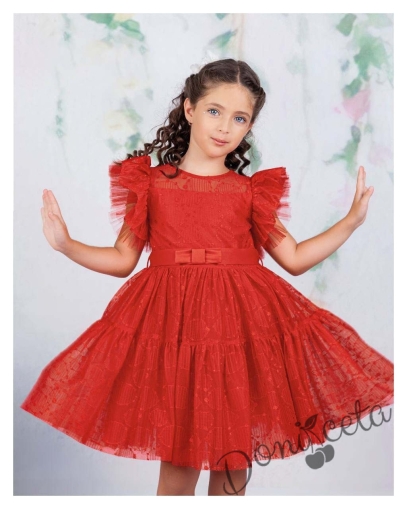 Официална детска рокля в червено с дантела Монел 1