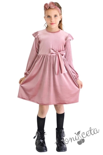 Детска рокля в пепел от рози с дълъг ръкав и лента за коса с панделка 1