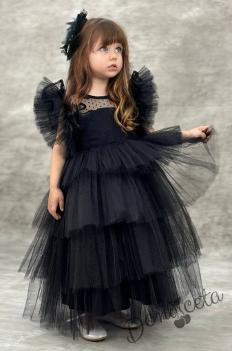 Официална дълга детска рокля в черно с дантела на пластове Чара 1