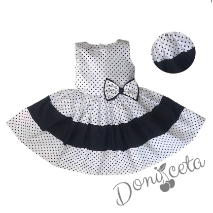 Официална детска рокля без зръкав в бяло на черни точки с лента 1