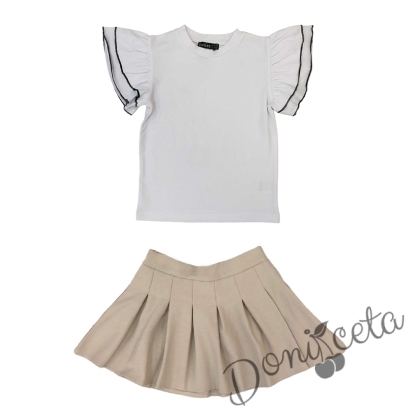 Комплект от пола в бежово Ния и блуза в бяло с къдрици 1