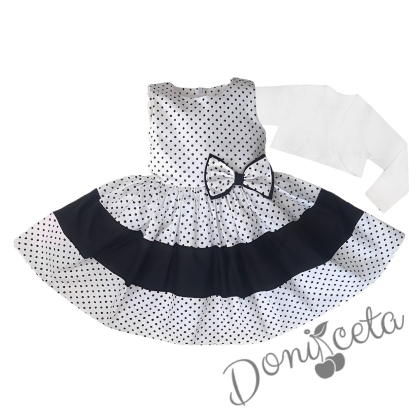Комплект от детска рокля без ръкав в бяло на черни точки с лента и болеро в бяло 1