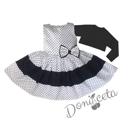Комплект от детска рокля без ръкав в бяло на черни точки с лента и болеро в черно 1