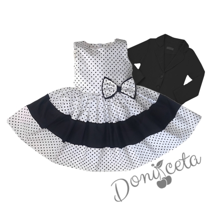 Комплект от детска рокля без ръкав в бяло на черни точки с лента и сако в черно 1