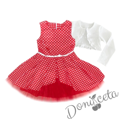 Комплект от детска официална рокля в червено на бели точки и бяло болеро с къдрички 1